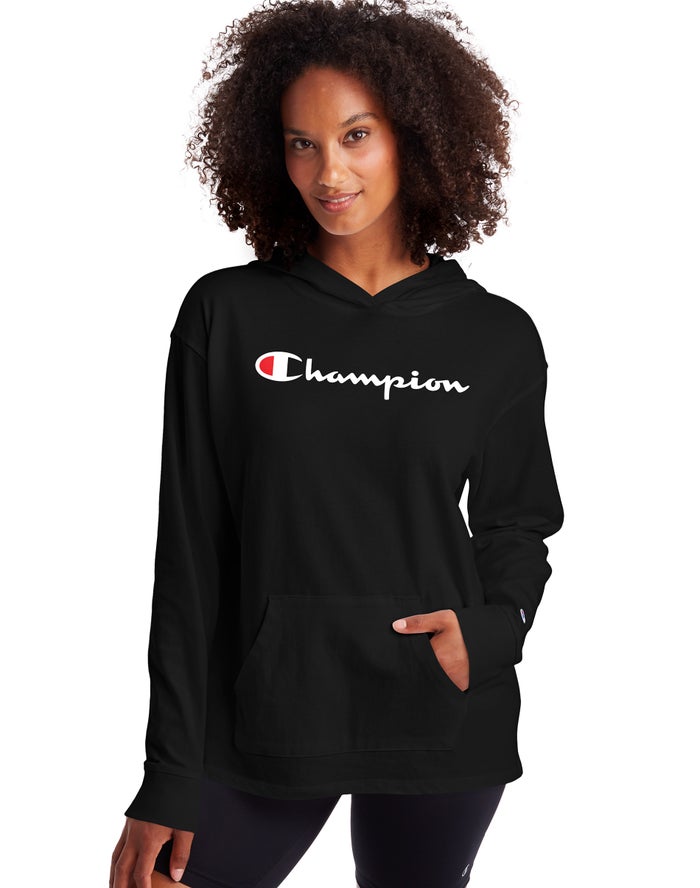 Champion Midweight Jersey Script Logo Kadın Kapşonlu Sweatshirt Siyah ( ZOSNLP921 )